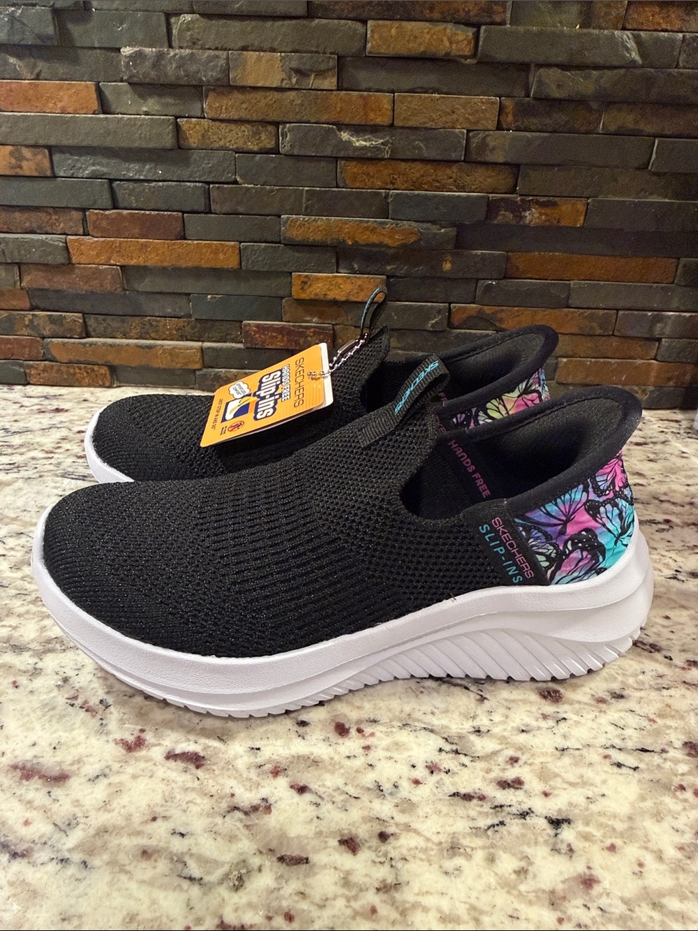 Skechers Black Slip-On Athletic Shoes with Teal and Purple butterfly